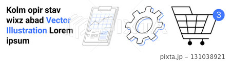 Chart on clipboard, gear, and shopping cart with notification badge. Ideal for business analytics, data management, shopping, productivity, technology, marketing, organization. Landing page Chart on clipboard, gear, and shopping cart with notification badge. Ideal for business analytics, data management, shopping, productivity, technology, marketing, organization. Landing page 131038921