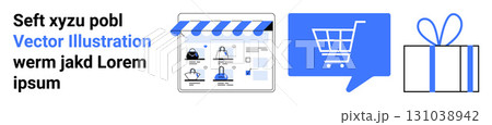 Storefront, shopping cart icon, gift box with ribbon. Ideal for e-commerce, online shopping, marketing, retail, promotions, user interface, website designs. Landing page 131038942