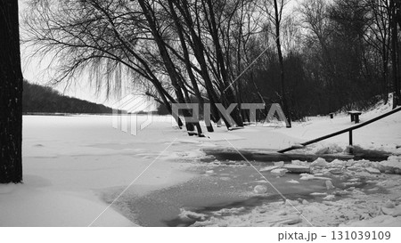 Winter Riverside Serenity: A Frosty Tale Along the Riverbanks 131039109