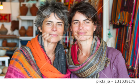 Two women wearing colorful scarves pose together in a vibrant market filled with handmade crafts Two women wearing colorful scarves pose together in a vibrant market filled with handmade crafts 131039179