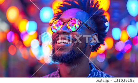 Smiling man wearing colorful sunglasses in vibrant illuminated street with bokeh lights 131039188