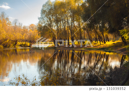 Autumn River Landscape with Colorful Trees and Reflections 131039352