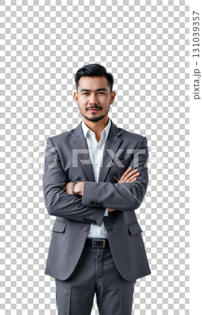 A composed male leader in cool gray, his image surrounded by floating symbols of technology, finance, and success, representing 131039357