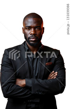 A tall Black executive in coffee bronze, arms folded beneath blazing torches made of KPI charts, symbolizing performance heat, vision 131039366