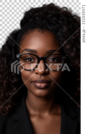 A Black woman with natural curls and large glasses, her focused expression surrounded by luminous patterns, symbolizing leadership, innovation 131039371