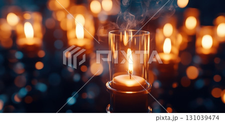 Soft glow of candles illuminating a serene space at night 131039474