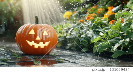 Smiling pumpkin in a garden during a rain shower 131039484