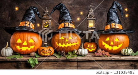 Halloween pumpkins with witch hats on a wooden table 131039485
