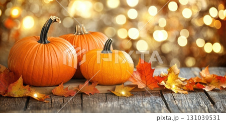 Pumpkins on a wooden table surrounded by autumn leaves 131039531