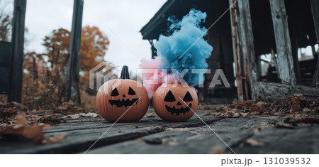 Colorful pumpkins with smoke in a rustic setting 131039532