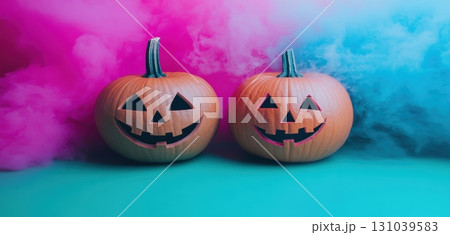 Jack-o'-lanterns glow in colorful misty Halloween scene Jack-o'-lanterns glow in colorful misty Halloween scene 131039583
