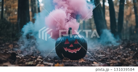 Halloween pumpkin with colorful smoke in a forest setting 131039584