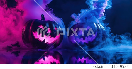 Halloween pumpkins glowing in colorful smoke Halloween pumpkins glowing in colorful smoke 131039585