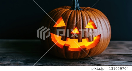 Glowing jack-o-lantern on a wooden table for Halloween 131039704