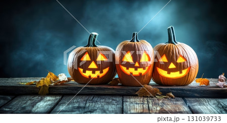 Spooky carved pumpkins glowing on wooden table for Halloween Spooky carved pumpkins glowing on wooden table for Halloween 131039733