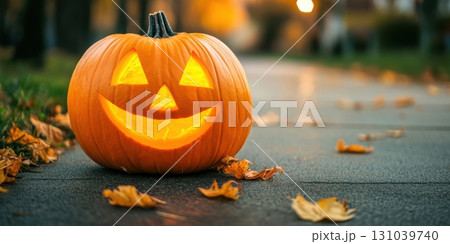 Halloween pumpkin shining bright on a fall evening Halloween pumpkin shining bright on a fall evening 131039740