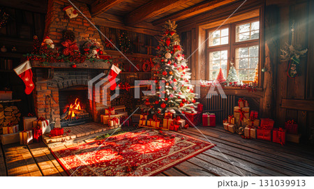 Cozy holiday living room with decorated Christmas tree and warm fireplace ambiance 131039913