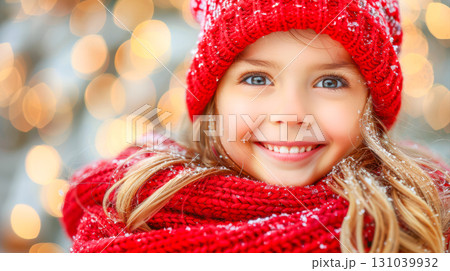 Smiling girl in red winter hat and scarf surrounded by soft bokeh lights in a festive atmosphere 131039932