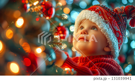 Child in festive red sweater and hat gazes at Christmas tree adorned with colorful lights Child in festive red sweater and hat gazes at Christmas tree adorned with colorful lights 131039941