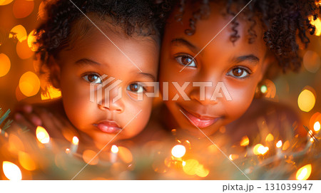 Two children with joyful expressions surrounded by warm glowing lights in a festive atmosphere 131039947