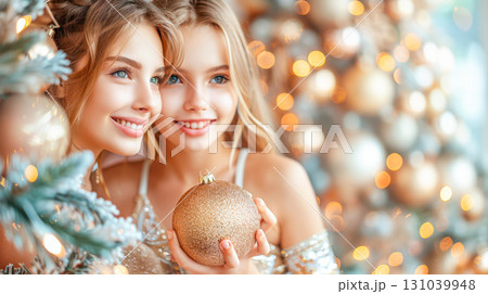 Two smiling young women holding a golden ornament in a festive holiday setting with lights 131039948