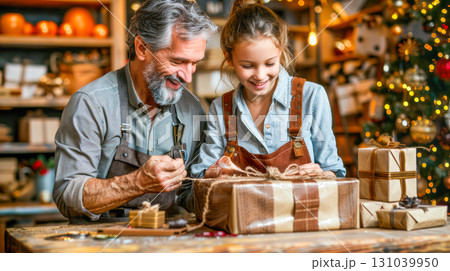 Grandfather and granddaughter joyfully wrapping gifts together in a cozy holiday setting 131039950