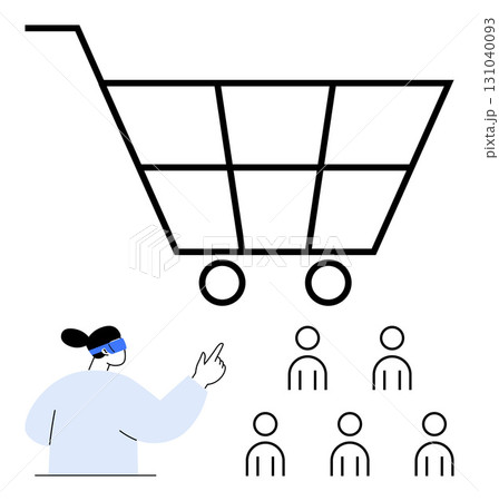 Shopping cart healthcare worker in mask, six people. Ideal for safety, health, online shopping, distancing, guidance, consumer behavior, pandemic protocols. Line metaphor 131040093