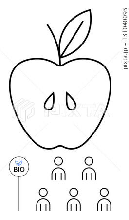 Apple outline with seeds five stylized human figures in a row, and bio sign with leaf symbol. Ideal for organic, health, community, sustainability, nutrition, farming, and bio themes. Line metaphor Apple outline with seeds five stylized human figures in a row, and bio sign with leaf symbol. Ideal for organic, health, community, sustainability, nutrition, farming, and bio themes. Line metaphor 131040095