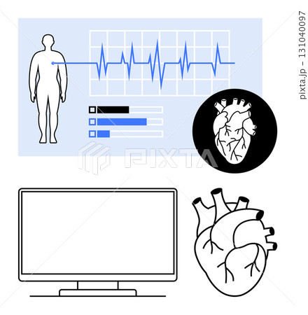 Human silhouette alongside heart health monitoring, ECG waveform, and progress bars. Detailed heart diagram inside a circle and on the lower right. Ideal for medical, health, cardiovascular Human silhouette alongside heart health monitoring, ECG waveform, and progress bars. Detailed heart diagram inside a circle and on the lower right. Ideal for medical, health, cardiovascular 131040097