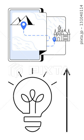 Tablet map location pins mountain castle light bulb growth arrow. Ideal for creativity, innovation, exploration, strategy, progress, imagination, inspiration. Line metaphor Tablet map location pins mountain castle light bulb growth arrow. Ideal for creativity, innovation, exploration, strategy, progress, imagination, inspiration. Line metaphor 131040114