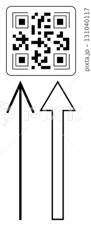 QR code above two upward arrows indicating direction and digital connection. Ideal for navigation, digital interaction, online guides, marketing, technology instructions, smart packaging, e-commerce QR code above two upward arrows indicating direction and digital connection. Ideal for navigation, digital interaction, online guides, marketing, technology instructions, smart packaging, e-commerce 131040117