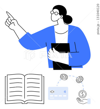 Professional in glasses pointing upward, holding a book. Open book with text, credit card, dollar sign, and hand. Ideal for education, financial planning, presentations corporate training Professional in glasses pointing upward, holding a book. Open book with text, credit card, dollar sign, and hand. Ideal for education, financial planning, presentations corporate training 131040120