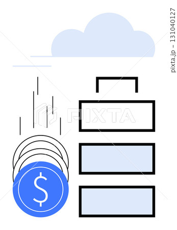 Falling coins stacking near a suitcase and a cloud. Ideal for finance, banking, savings, investment, growth wealth management economic trends. Line metaphor. Line metaphor. Simple line icons 131040127