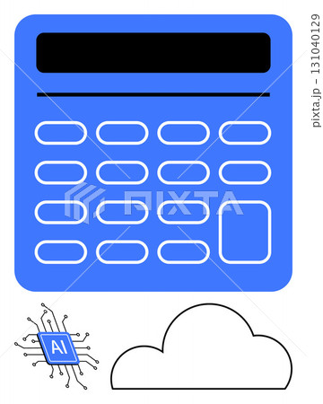Calculator interface accompanied by AI chip and cloud icon. Ideal for technology, AI, cloud computing, data analysis, modern education, digital tools, innovative solutions. Line metaphor 131040129