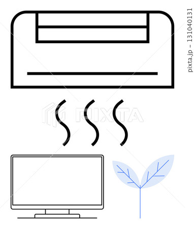 Air conditioner cooling a room with computer monitor and leaf element. Ideal for climate control, energy efficiency, work environments, eco-friendly design, technology, productivity, and office Air conditioner cooling a room with computer monitor and leaf element. Ideal for climate control, energy efficiency, work environments, eco-friendly design, technology, productivity, and office 131040131