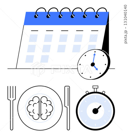 Calendar with spiral binding clock with blue hand plate with brain fork, knife, stopwatch. Ideal for planning, scheduling, productivity, time management, healthy eating, mental health 131040140