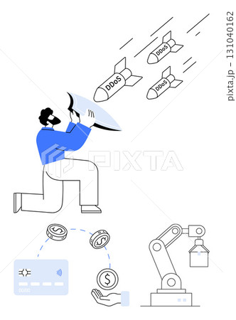 Person uses satellite dish to block DDoS attacks, surrounded by credit card, currency symbols, robotic arm. Ideal for cybersecurity, technology, finance, cyber threats, automation digital economy 131040162