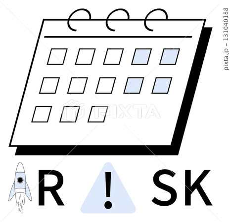 Calendar with selected dates in light blue, rocket icon, and text RISK with exclamation mark. Ideal for business planning, project management, data analysis, time management, risk assessment, goal 131040188