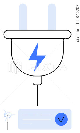 Electrical plug with lightning bolt icon, blue checkmark, wind turbine. Ideal for renewable energy, sustainability, certification, eco-friendly power, clean technology, green solutions approvals 131040207