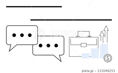 Speech bubbles with ellipses, briefcase, upward arrows, bar graphs, and dollar sign representing business growth. Ideal for business strategies, finance, economic growth, communication investment 131040253