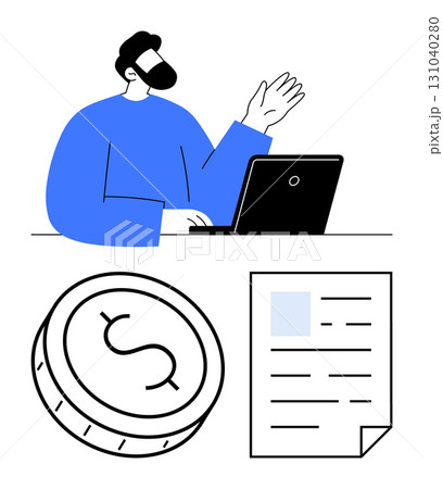 Businessperson uses a laptop while gesturing, alongside a coin and a financial document. Ideal for finance, remote work, business strategy, income generation, online transactions, document 131040280