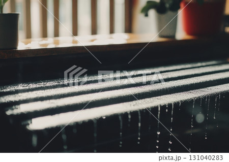 Raindrops glisten on a wooden surface with sunlight pouring through 131040283