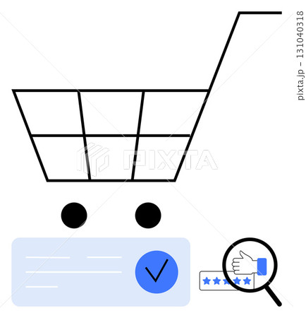 Digital shopping cart with review rating and a checkmark. Ideal for e-commerce, online shopping, customer reviews, quality assurance, digital retail, consumer feedback, and web design themes. Line Digital shopping cart with review rating and a checkmark. Ideal for e-commerce, online shopping, customer reviews, quality assurance, digital retail, consumer feedback, and web design themes. Line 131040318