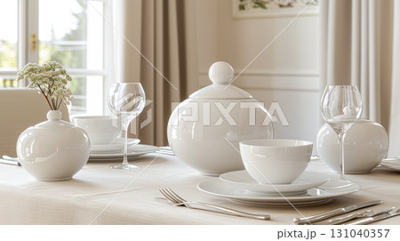 Elegant white dinnerware set arranged on a dining table with soft natural light and floral accents 131040357