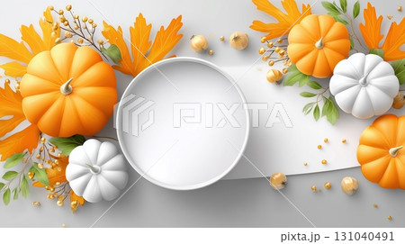 Autumn harvest display with pumpkins, fall leaves, and berries around a white circular frame Autumn harvest display with pumpkins, fall leaves, and berries around a white circular frame 131040491