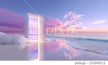 Ethereal Portal on Reflective Shore at Sunset with Pastel Sky and Calm Ocean 131040511