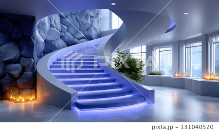 Modern spiral staircase with blue LED lighting in a luxurious interior featuring a rock wall and city view. 131040520