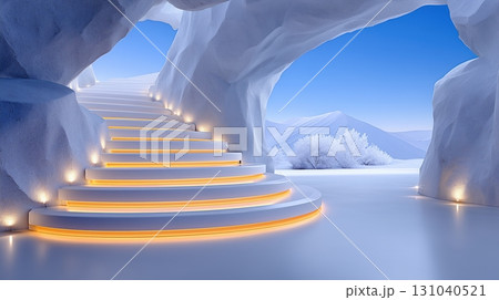 Modern white staircase with glowing steps inside an ice cave leading to a snowy winter landscape. 131040521