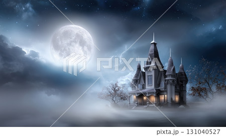 Spooky Victorian Mansion under Full Moon and Foggy Night Sky 131040527