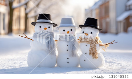 Three cheerful snowmen stand in a snowy winter...のイラスト素材 [131040532 ...